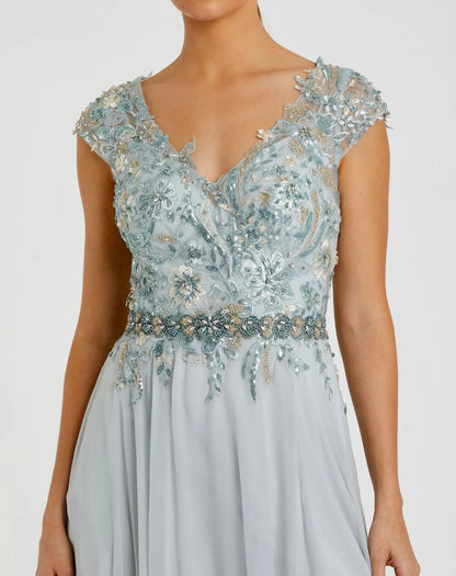 Mac Duggal Blue Embellished Cap Sleeve Bodice Flowy Gown Duggal