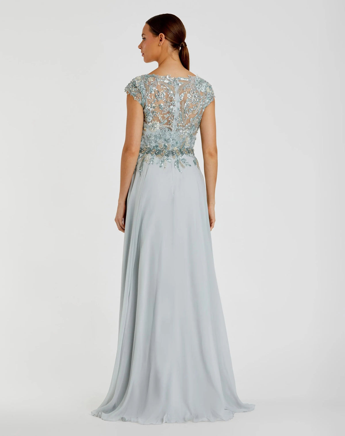 Mac Duggal Blue Embellished Cap Sleeve Bodice Flowy Gown Duggal