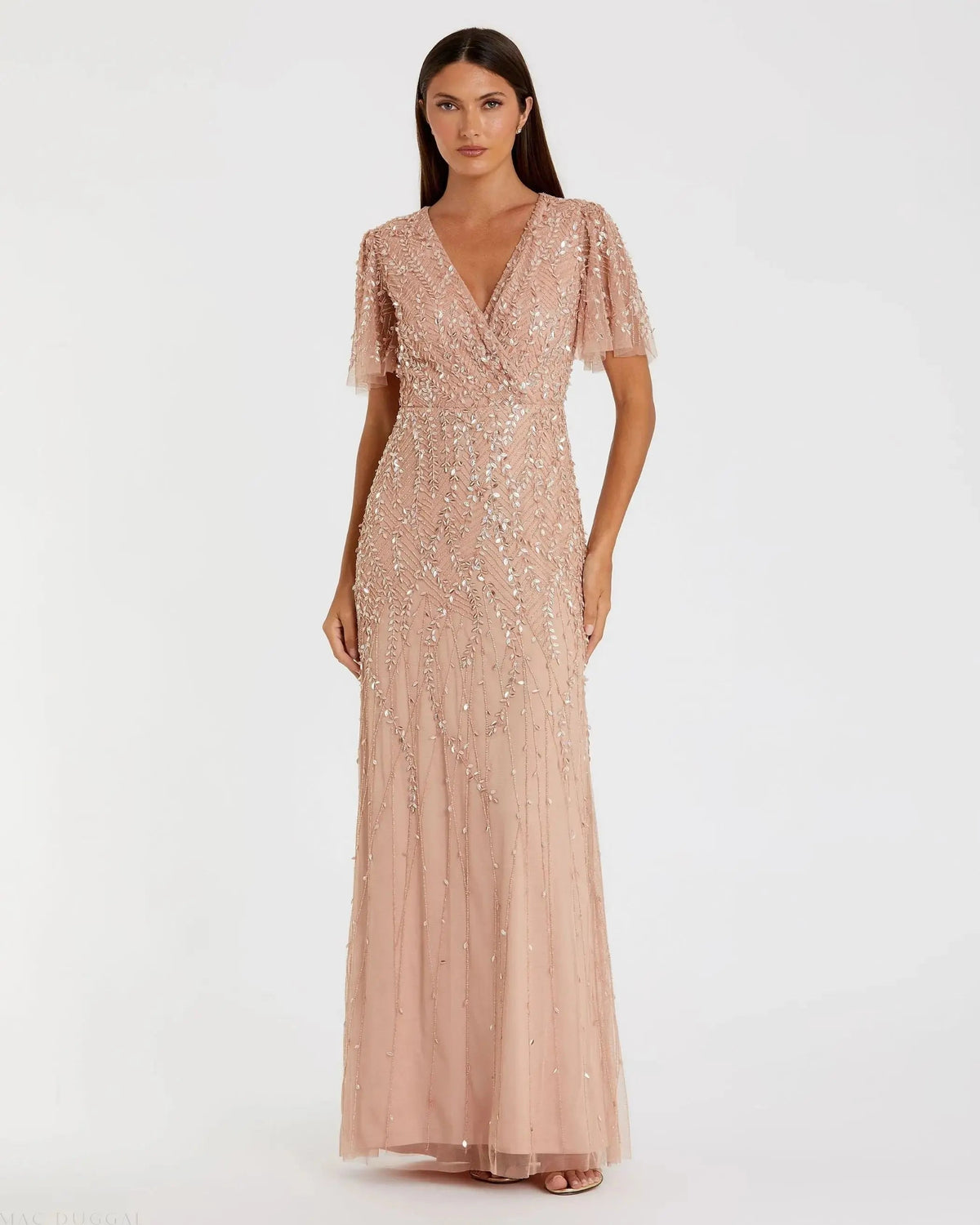Mac Duggal Pink Embellished Flutter Sleeve Gown