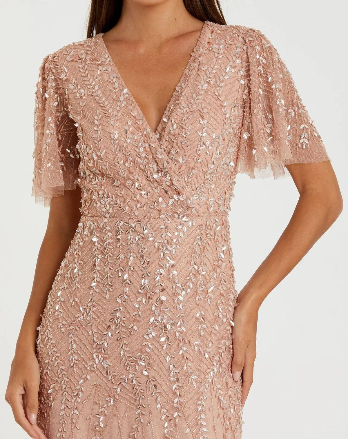 Mac Duggal Pink Embellished Flutter Sleeve Gown