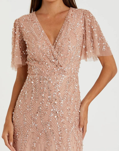 Mac Duggal Pink Embellished Flutter Sleeve Gown