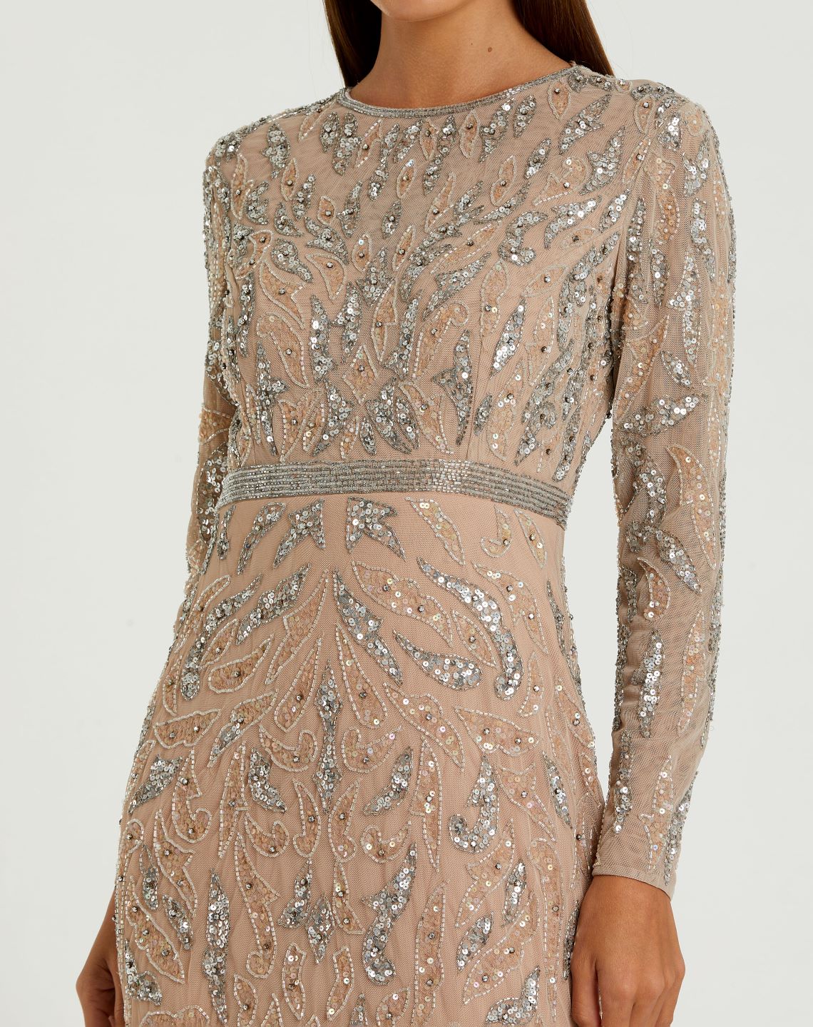 Mac Duggal Beige Long Sleeve Beaded Evening Gown