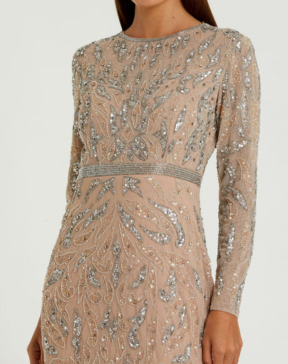 Mac Duggal Beige Long Sleeve Beaded Evening Gown