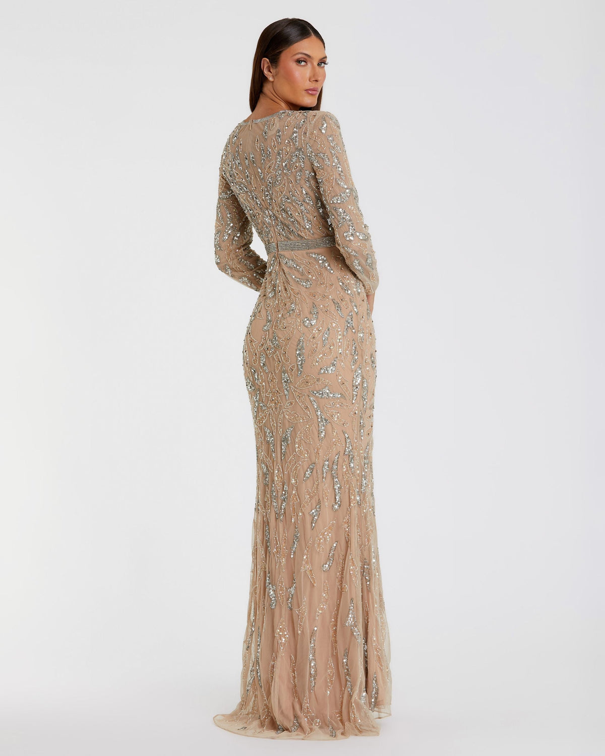 Mac Duggal Beige Long Sleeve Beaded Evening Gown