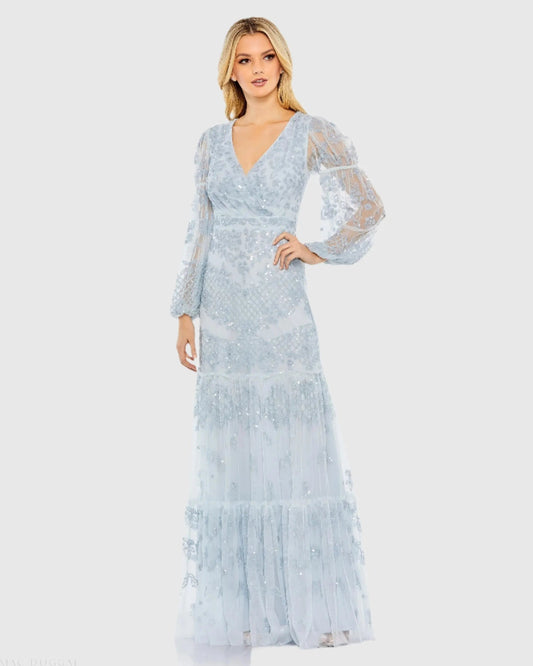 Mac Duggal Blue Sequined Tiered Wrap Over Puff Sleeve Gown