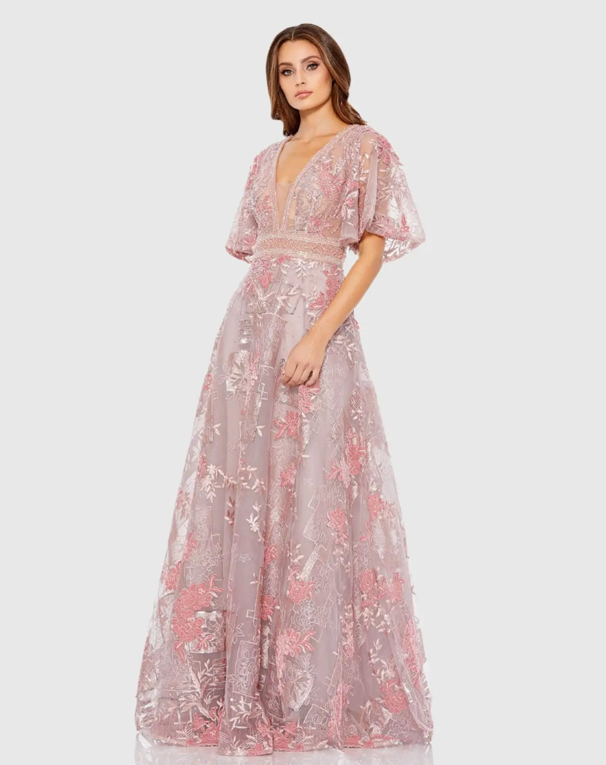 Mac Duggal Pink Embroidered Flounce Sleeve A Line Gown