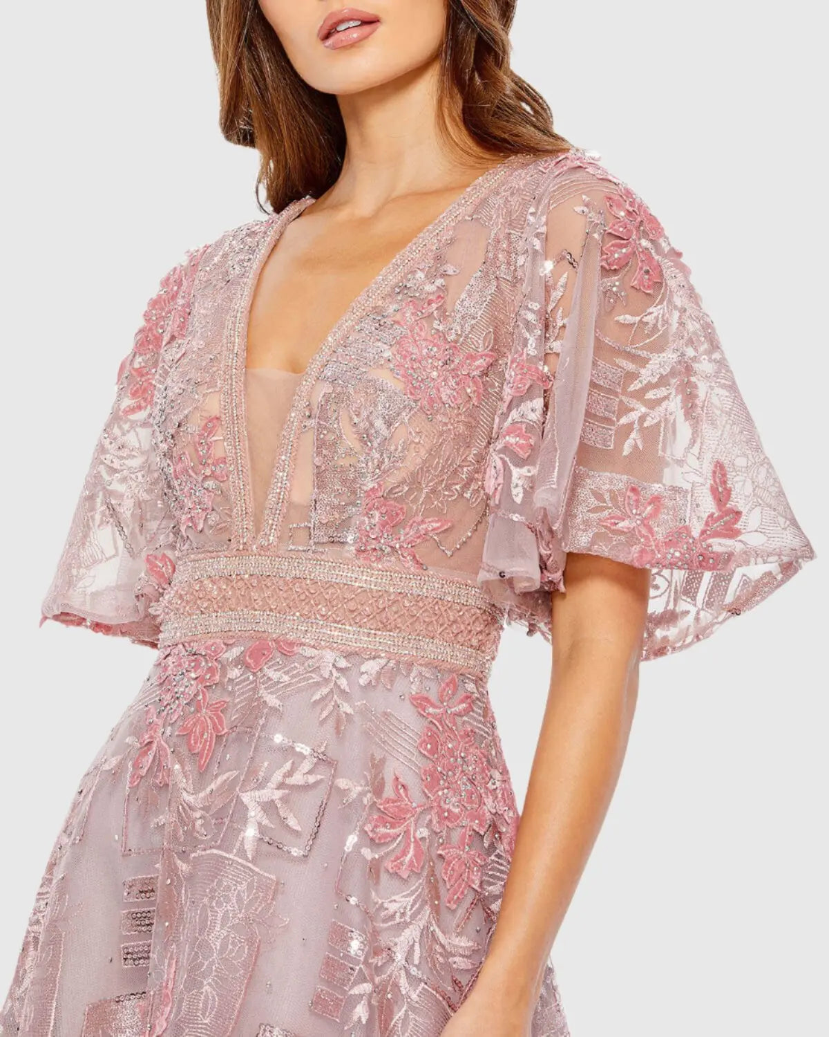 Mac Duggal Pink Embroidered Flounce Sleeve A Line Gown