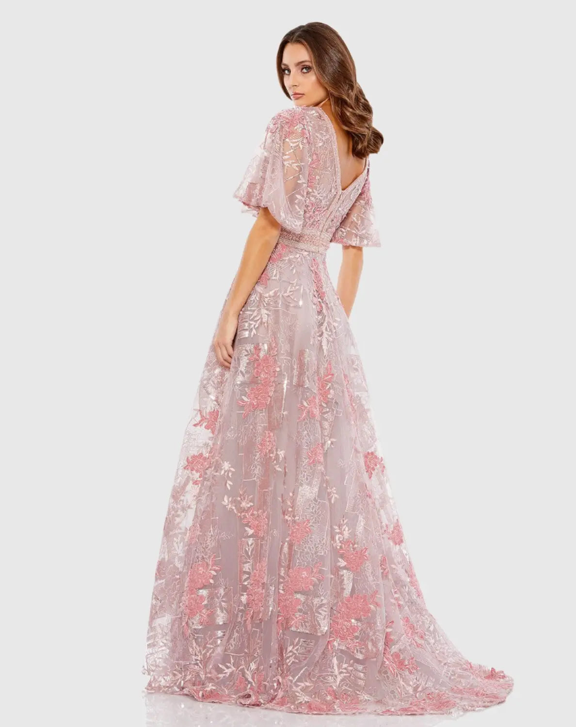 Mac Duggal Pink Embroidered Flounce Sleeve A Line Gown