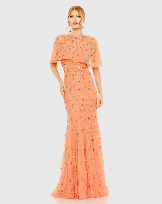 Mac Duggal Orange Embellished Illusion Cape Sleeve Trumpet Gown