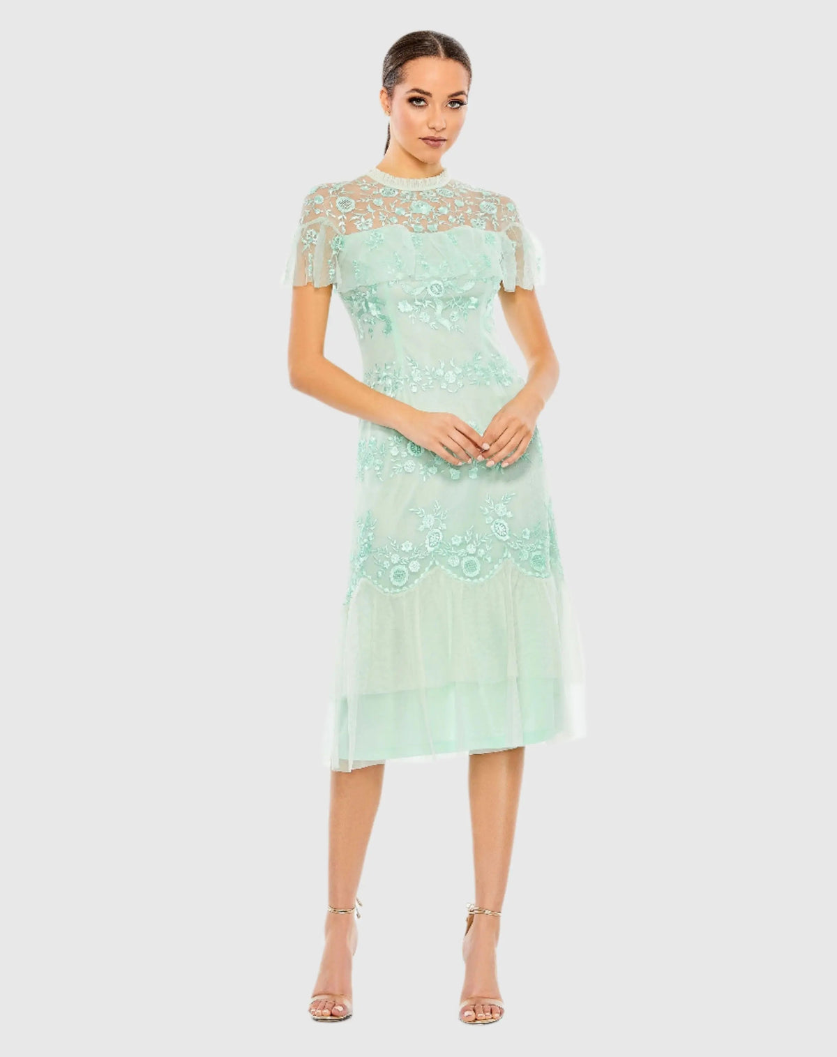 Mac Duggal Embroidered Ruffled Cap Sleeve Midi Dress Duggal
