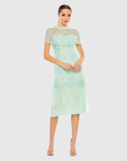 Mac Duggal Embroidered Ruffled Cap Sleeve Midi Dress Duggal