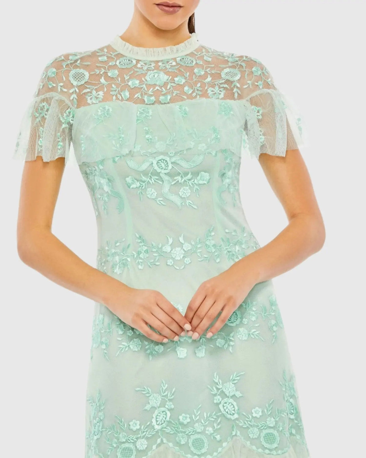 Mac Duggal Embroidered Ruffled Cap Sleeve Midi Dress Duggal