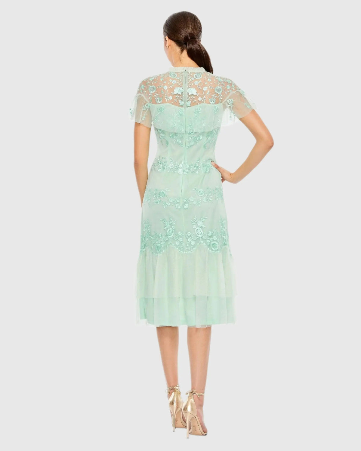 Mac Duggal Embroidered Ruffled Cap Sleeve Midi Dress Duggal
