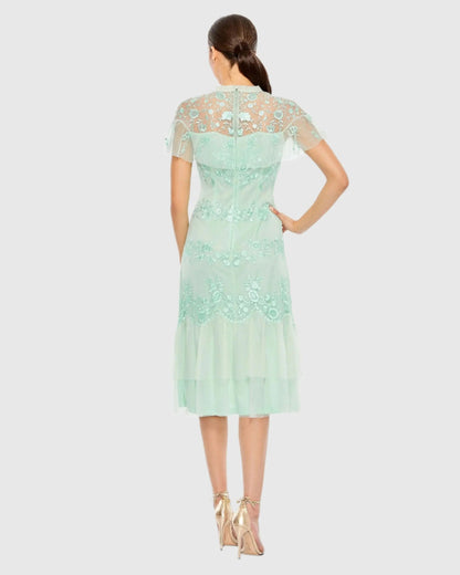 Mac Duggal Embroidered Ruffled Cap Sleeve Midi Dress Duggal
