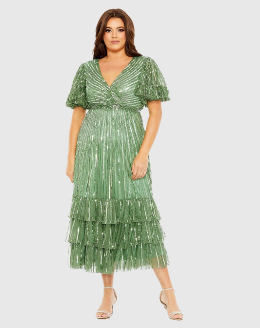 Mac Duggal Green Sequin Faux Wrap Flutter Sleeve Ruffle Dress (Plus)