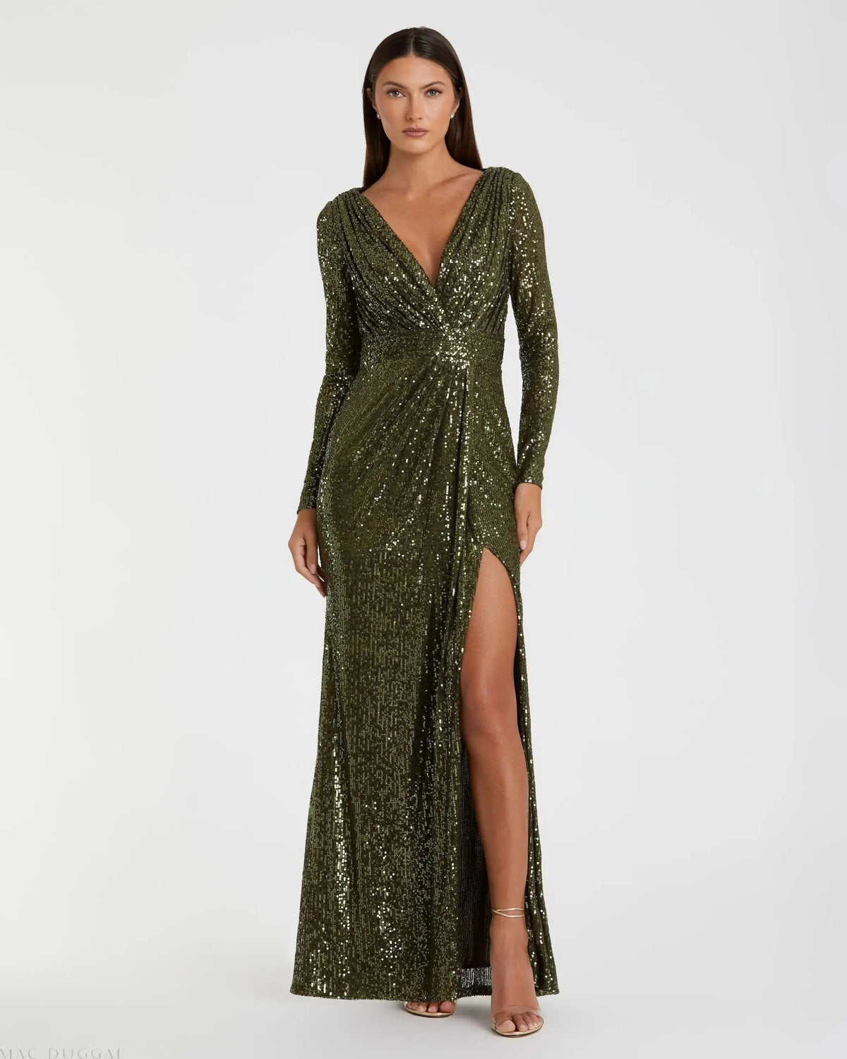Mac Duggal Green Sequined Long Sleeve Gown Duggal