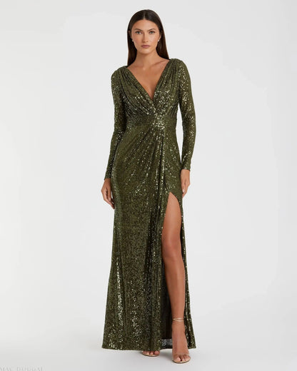 Mac Duggal Green Sequined Long Sleeve Gown Duggal