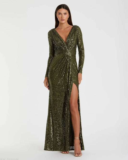 Mac Duggal Green Sequined Long Sleeve Gown Duggal