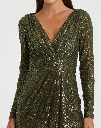 Mac Duggal Green Sequined Long Sleeve Gown Duggal