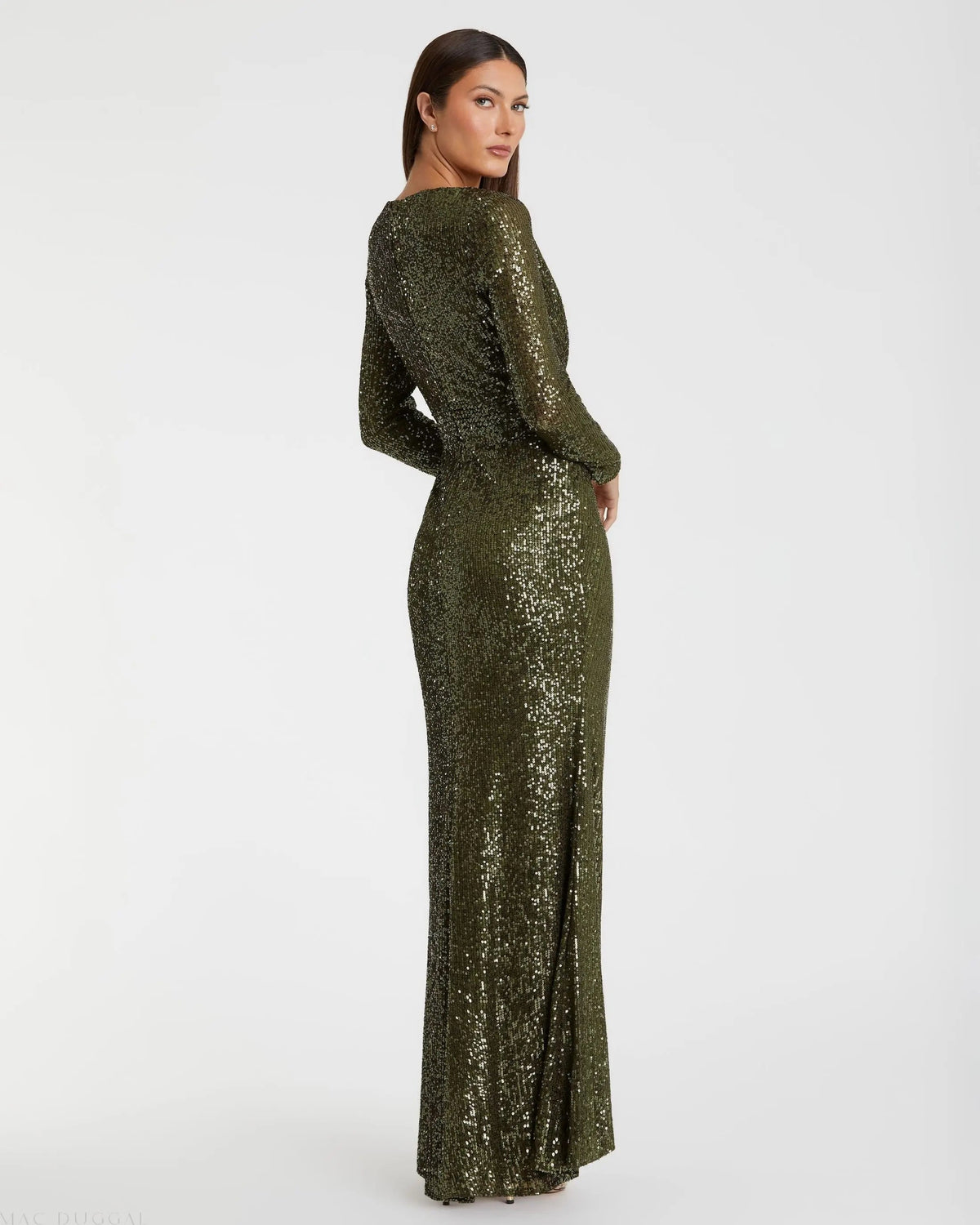 Mac Duggal Green Sequined Long Sleeve Gown Duggal