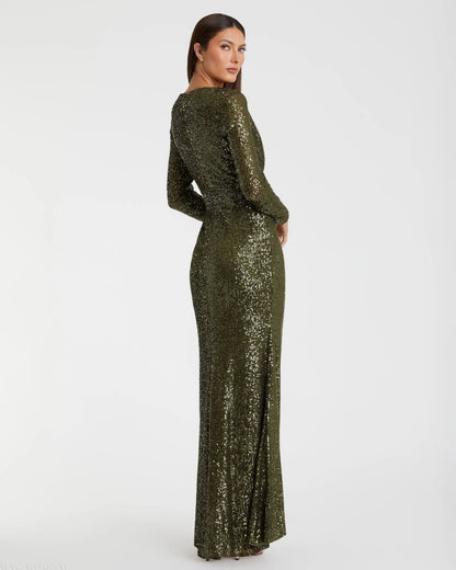 Mac Duggal Green Sequined Long Sleeve Gown Duggal