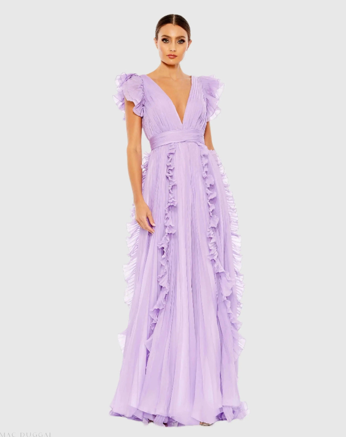 Mac Duggal Purple Pleated Ruffle Cap Sleeve Flowy A Line Gown