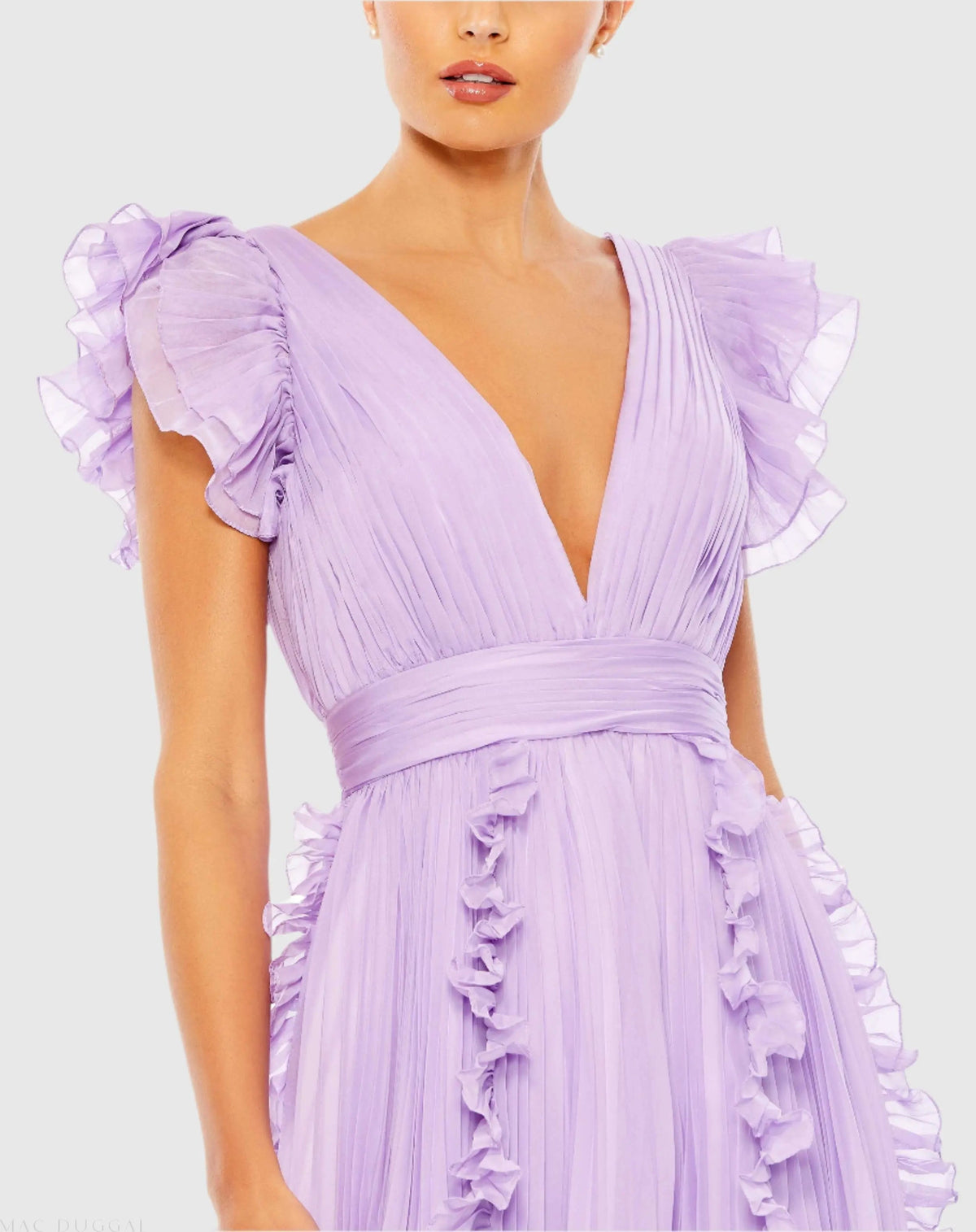 Mac Duggal Purple Pleated Ruffle Cap Sleeve Flowy A Line Gown