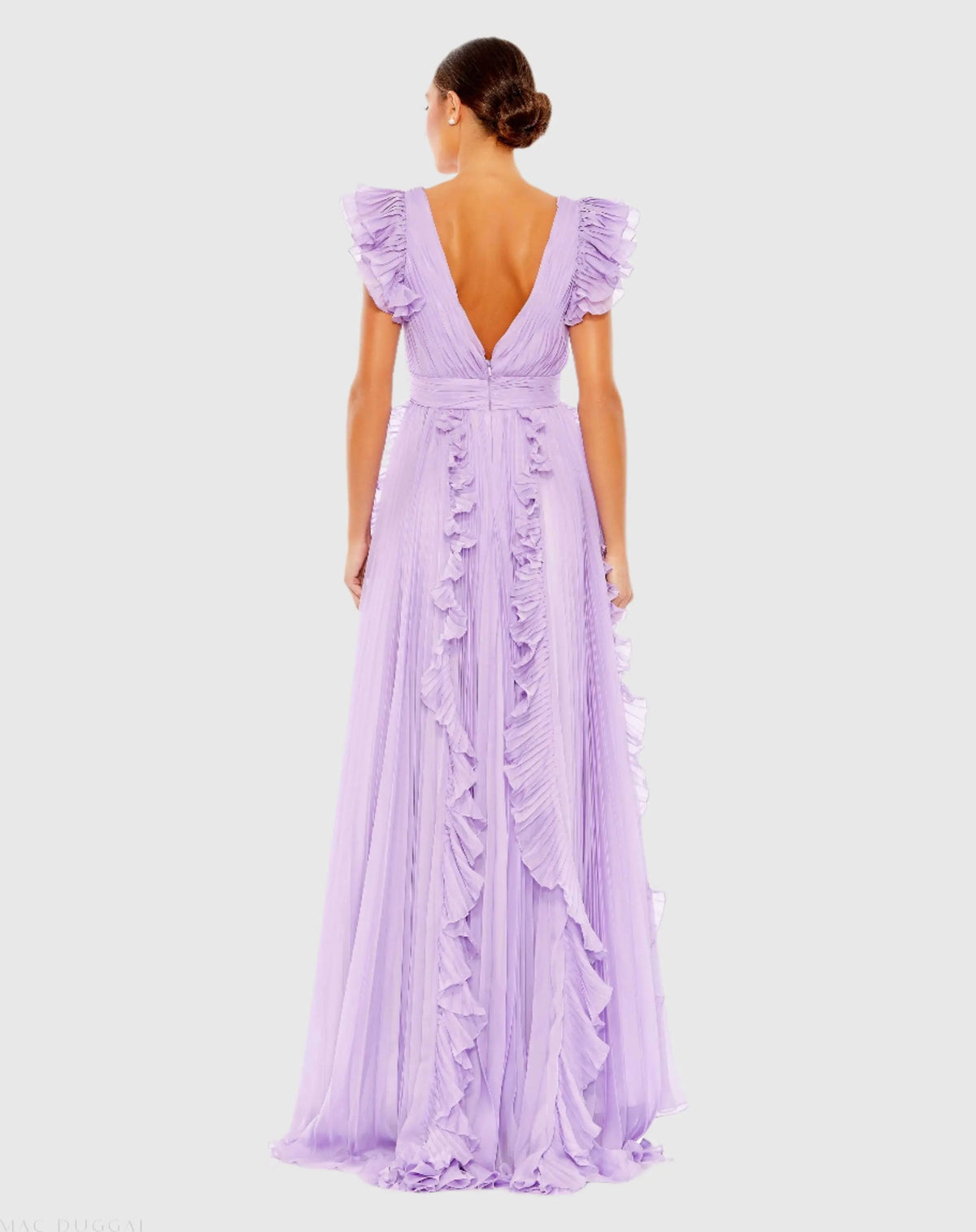 Mac Duggal Purple Pleated Ruffle Cap Sleeve Flowy A Line Gown