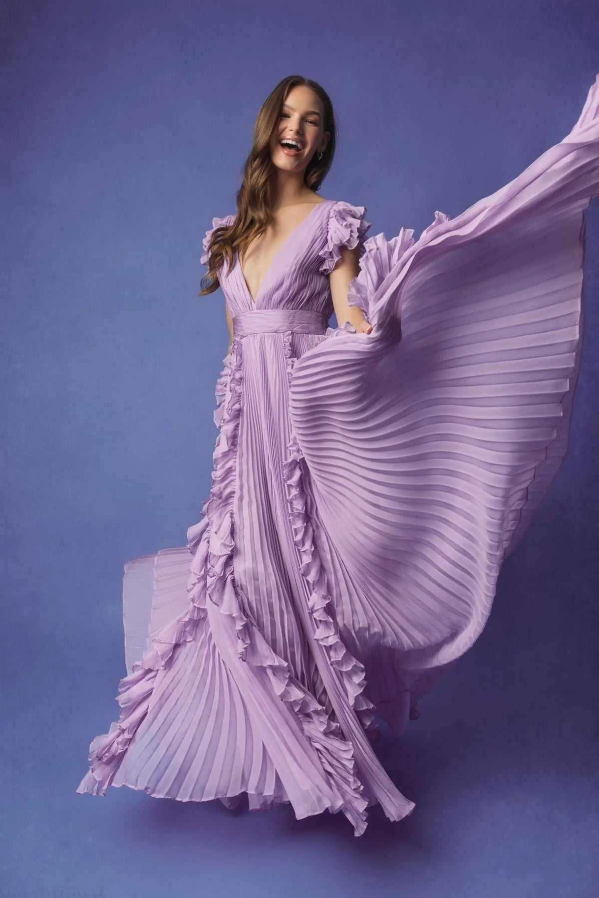 Mac Duggal Purple Pleated Ruffle Cap Sleeve Flowy A Line Gown