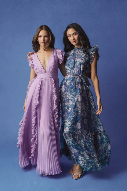 Mac Duggal Purple Pleated Ruffle Cap Sleeve Flowy A Line Gown