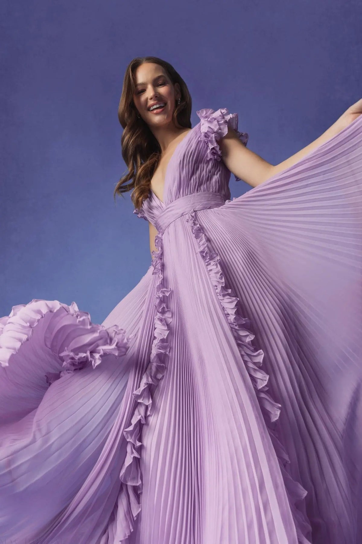 Mac Duggal Purple Pleated Ruffle Cap Sleeve Flowy A Line Gown