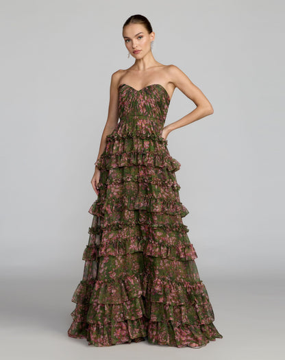 Mac Duggal Green Strapless Floral Ruffle Ballgown