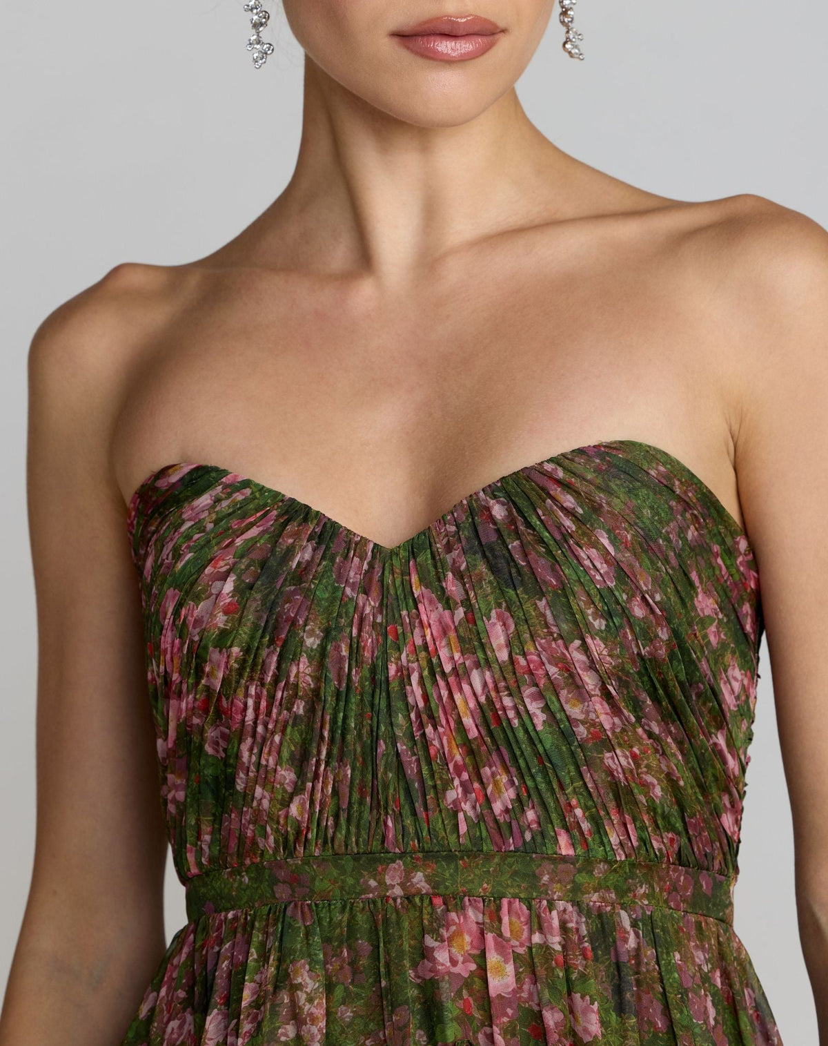 Mac Duggal Green Strapless Floral Ruffle Ballgown