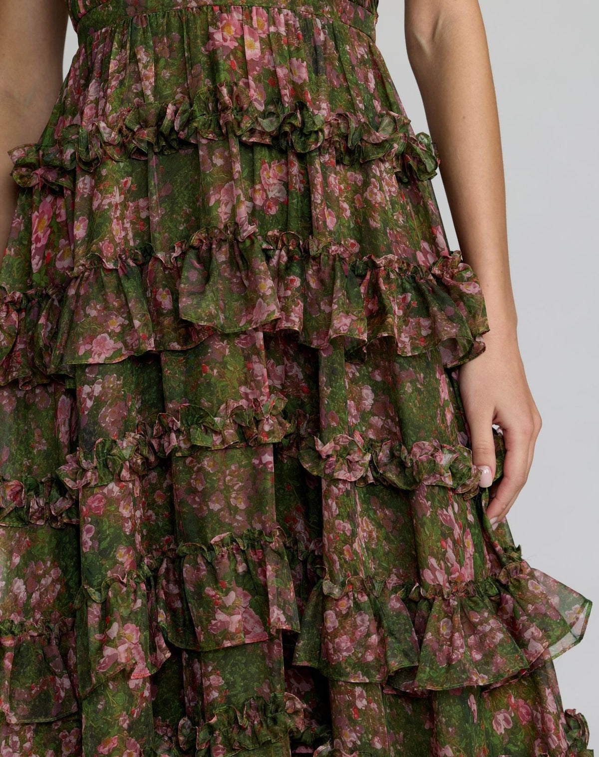 Mac Duggal Green Strapless Floral Ruffle Ballgown