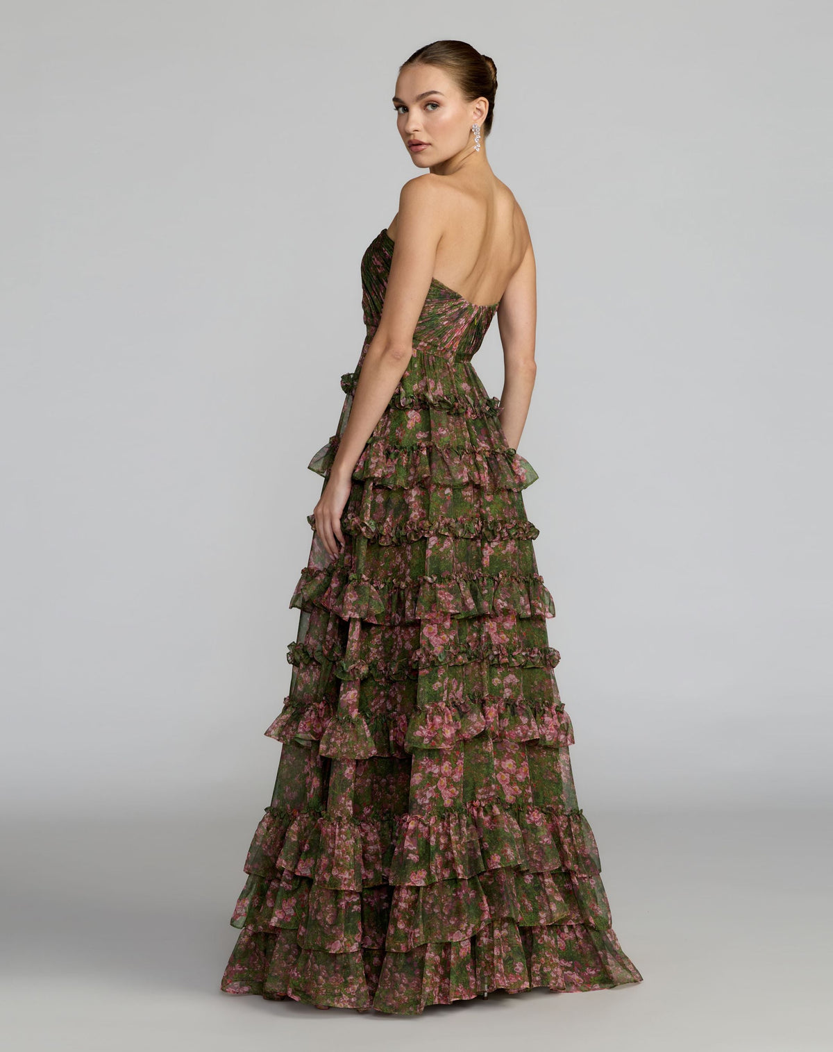 Mac Duggal Green Strapless Floral Ruffle Ballgown