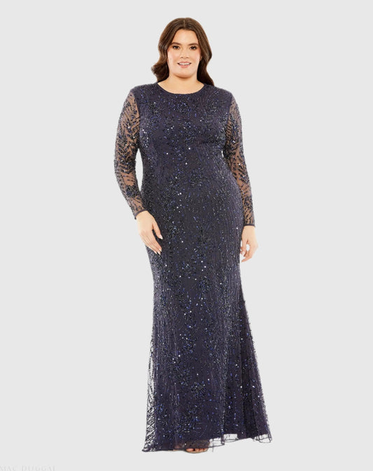 Mac Duggal Long Sleeve Mesh Embellished Gown Duggal