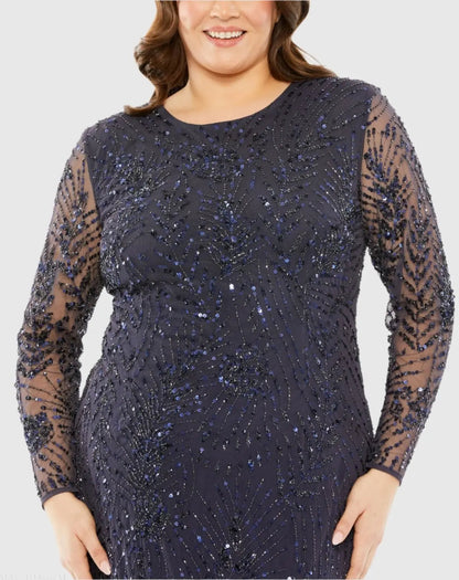 Mac Duggal Long Sleeve Mesh Embellished Gown Duggal