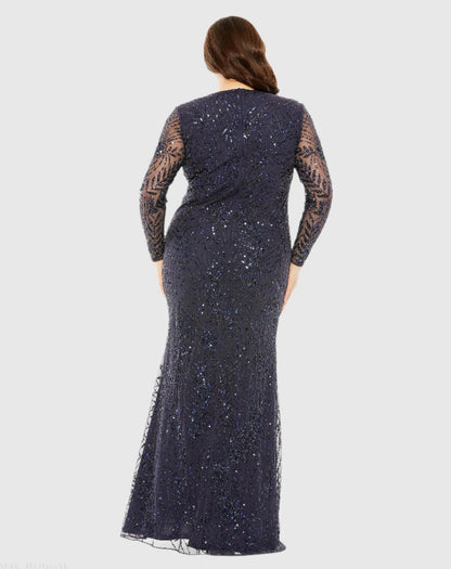 Mac Duggal Long Sleeve Mesh Embellished Gown Duggal
