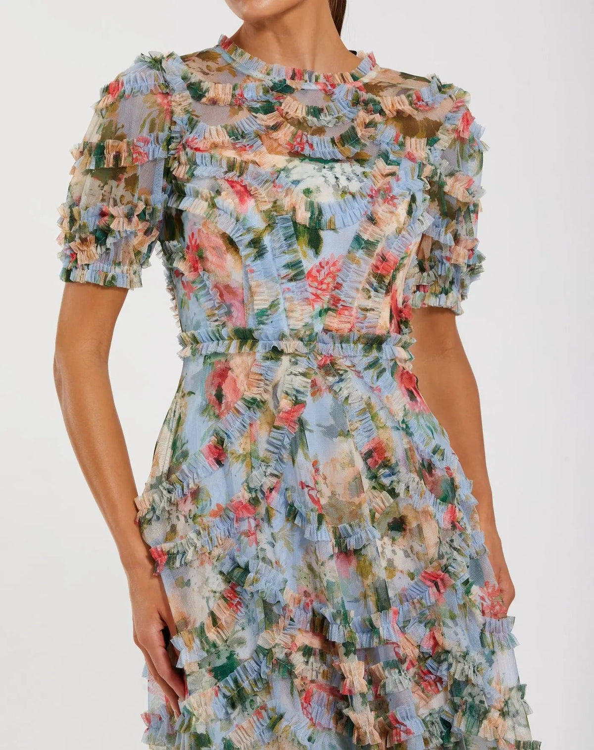 Mac Duggal Blue Floral Mesh Ruffle High Neck Midi Dress