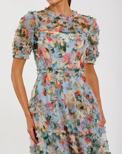 Mac Duggal Blue Floral Mesh Ruffle High Neck Midi Dress