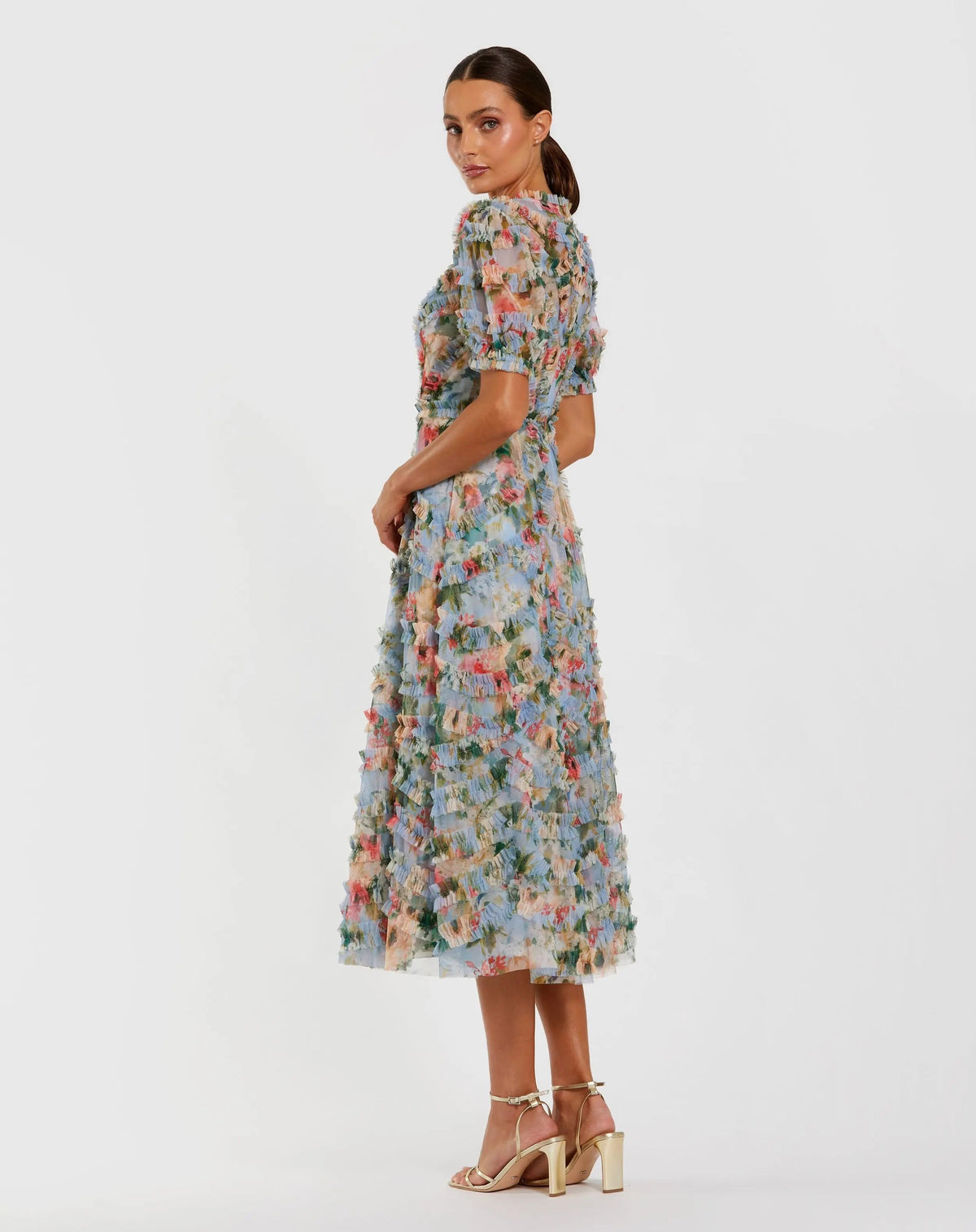 Mac Duggal Blue Floral Mesh Ruffle High Neck Midi Dress