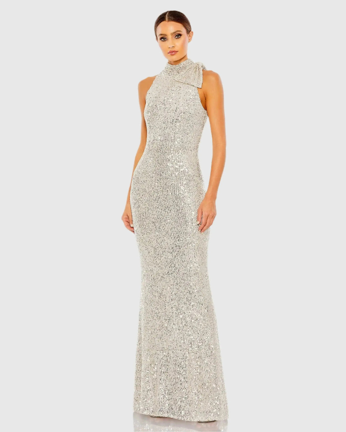 Mac Duggal Silver Soft Tie Halter Neck Sequin Gown