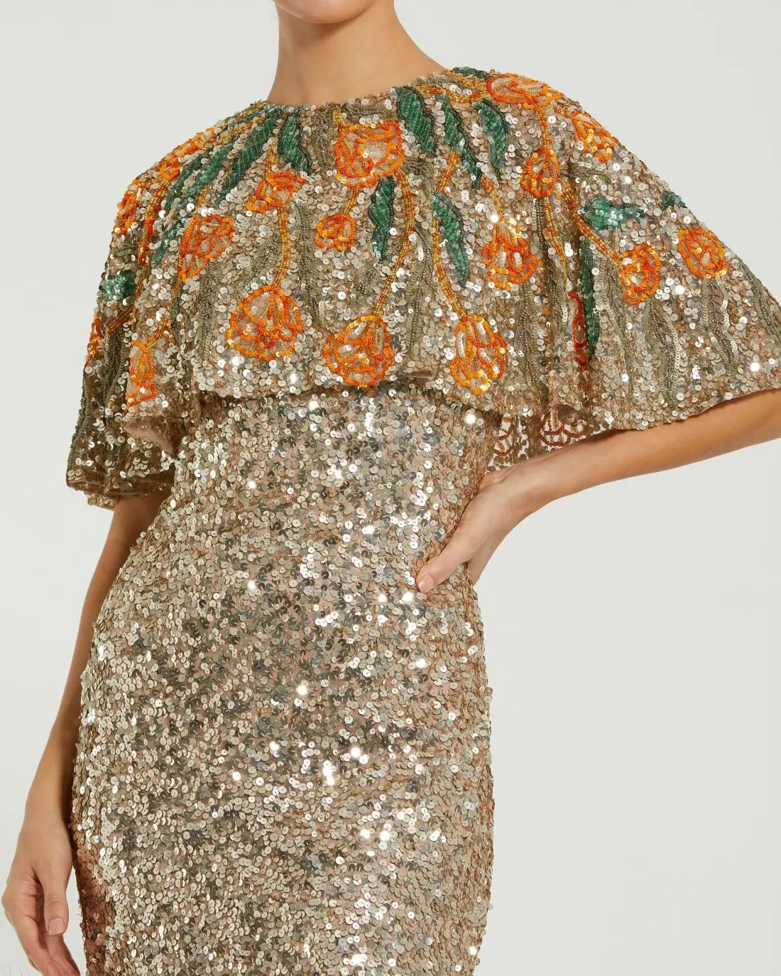 Mac Duggal Gold Embellished Gown With Floral Beaded Shawl