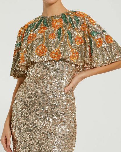 Mac Duggal Gold Embellished Gown With Floral Beaded Shawl