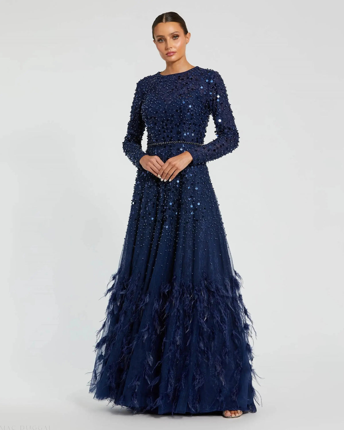 Mac Duggal Disc Embellished Sequin Dress with Feather Detail