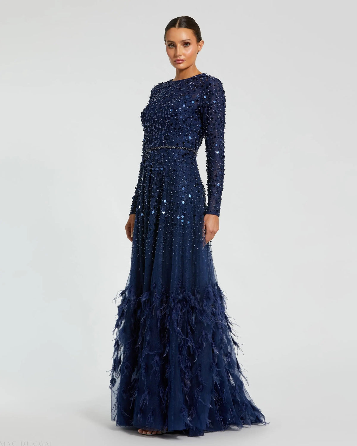 Mac Duggal Disc Embellished Sequin Dress with Feather Detail