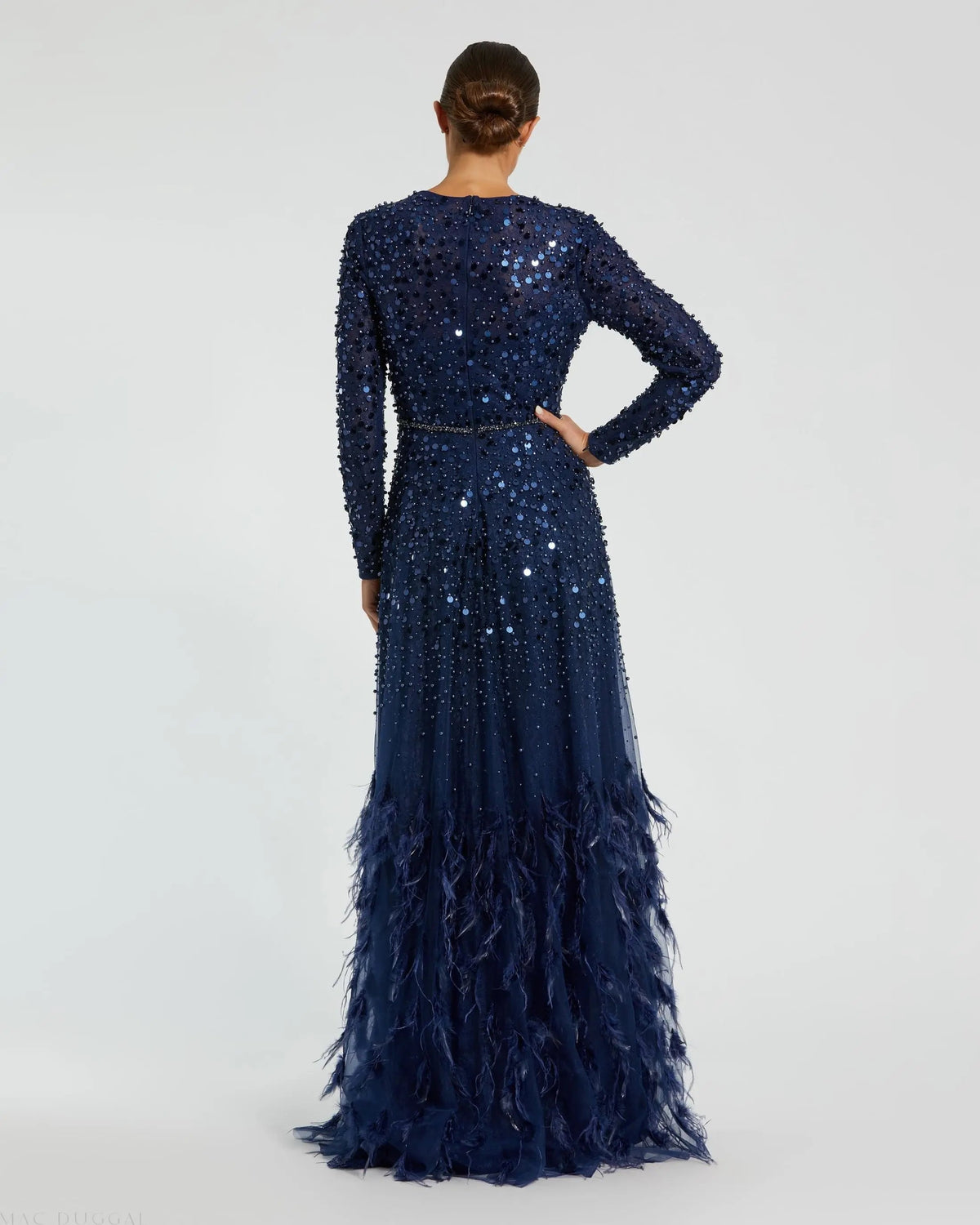 Mac Duggal Disc Embellished Sequin Dress with Feather Detail