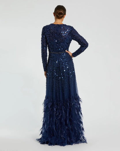 Mac Duggal Disc Embellished Sequin Dress with Feather Detail