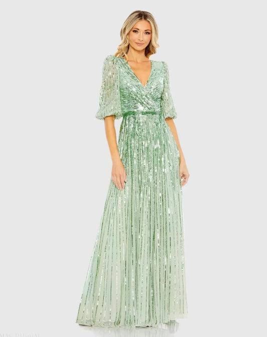 Mac Duggal Green Sequined Wrap Over 3/4 Sleeve Gown