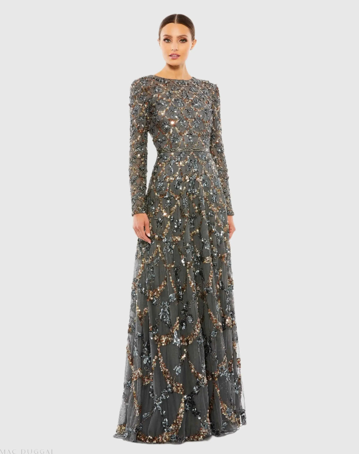 Mac Duggal Gray Embellished Illusion High Neck Long Sleeve A Line Gown